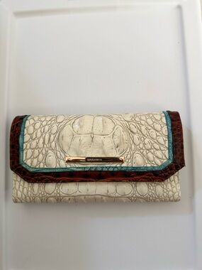 Brahmin Cream Croc-Embossed Trifold Checkbook Wallet with Brown & Teal Trim